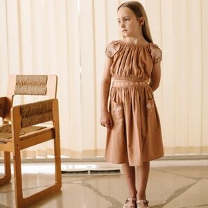 Apolina Girls Cotton Velma Cottagecore Embroidered Top and Skirt Set in Praline